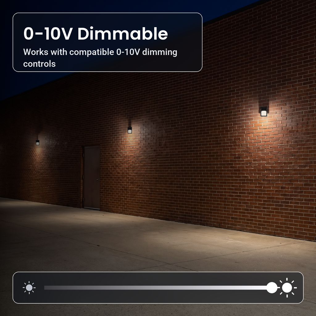 0-10V dimmable bronze LED security wall packs with photocell on a red-brick commercial wall at night