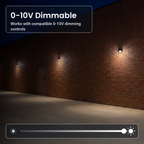 0-10V dimmable bronze LED security wall packs with photocell on a red-brick commercial wall at night