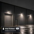 Wet rated, IP65 bronze LED security wall packs with photocell on a warehouse wall in the rain