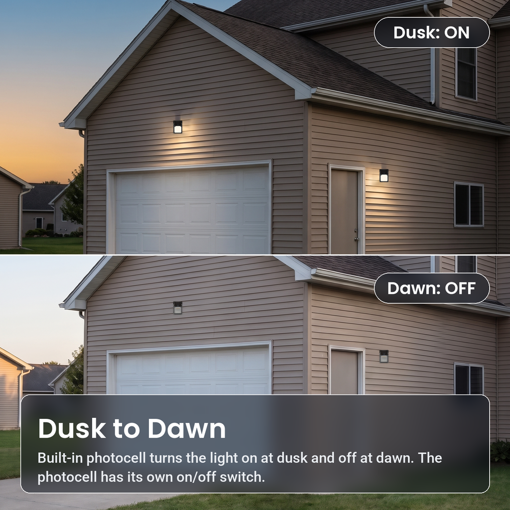 Dusk-to-dawn photocell: bronze LED security wall packs on at dusk and off at dawn on a house and garage