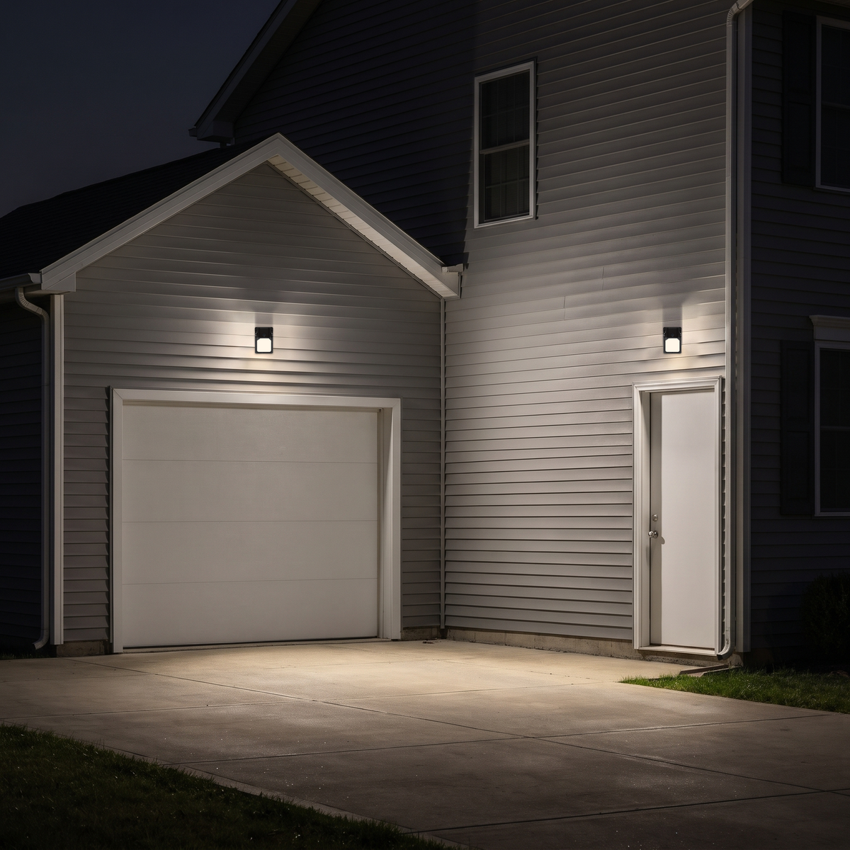 Bronze LED security wall packs with photocell lighting a house's garage door, side door and driveway at night