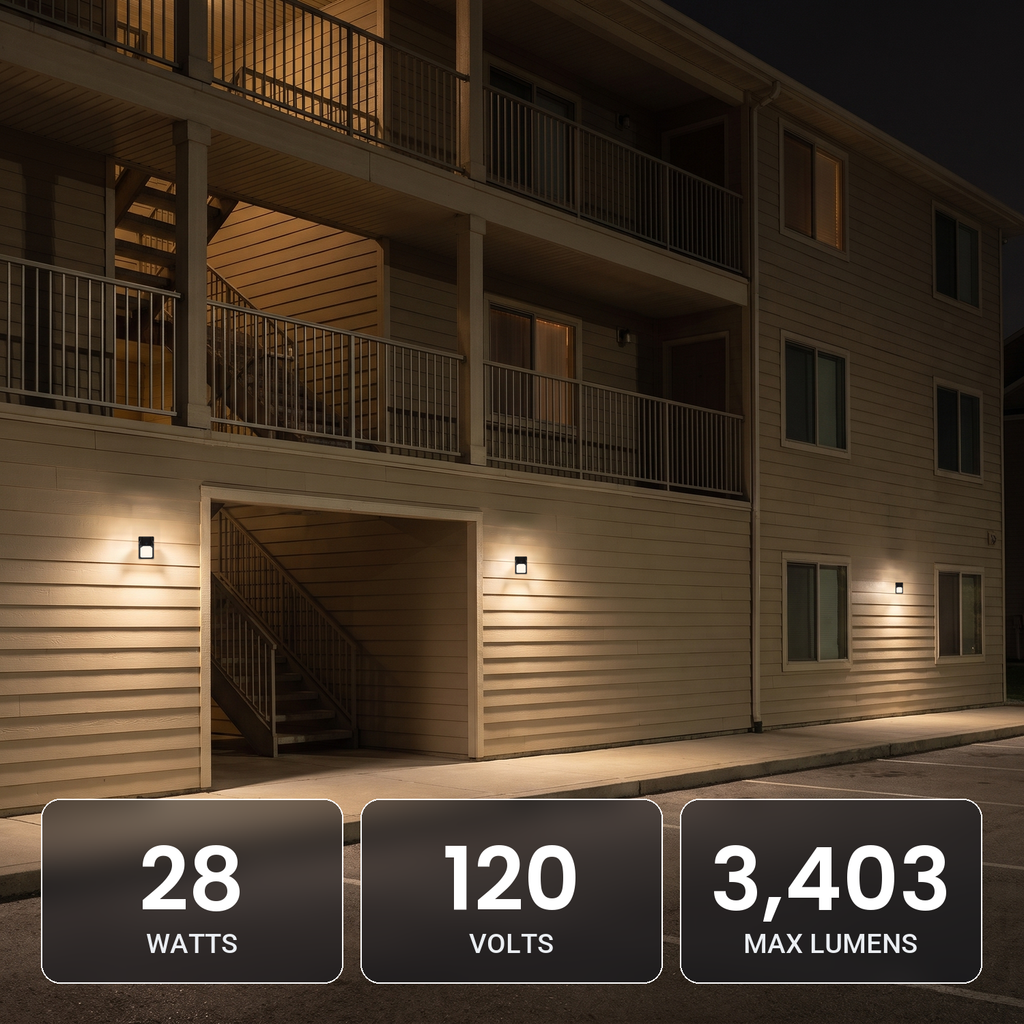 Bronze LED security wall packs with photocell at an apartment building: 28W, 120V, 3,403 max lumens
