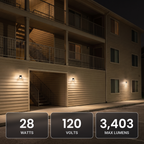 Bronze LED security wall packs with photocell at an apartment building: 28W, 120V, 3,403 max lumens