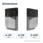 Bronze LED security wall pack with photocell, front and side views: 8-1/8 in. x 8-1/8 in. x 3-11/16 in.