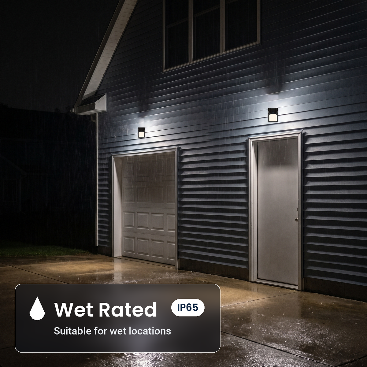 Wet rated, IP65 bronze LED security wall packs with photocell on a house in the rain at night