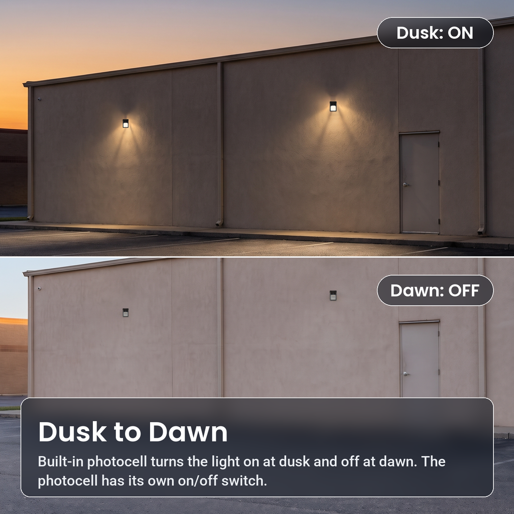 Dusk-to-dawn photocell: bronze LED security wall packs on at dusk and off at dawn on a commercial building