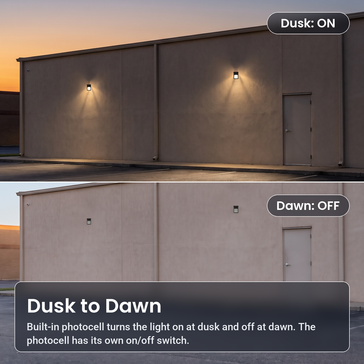 Dusk-to-dawn photocell: bronze LED security wall packs on at dusk and off at dawn on a commercial building