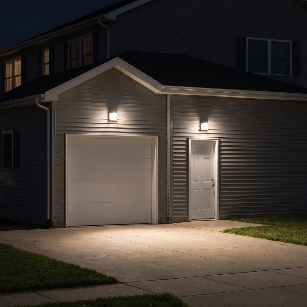 Bronze LED security wall packs with battery backup lighting a house's garage door, side door and driveway at night