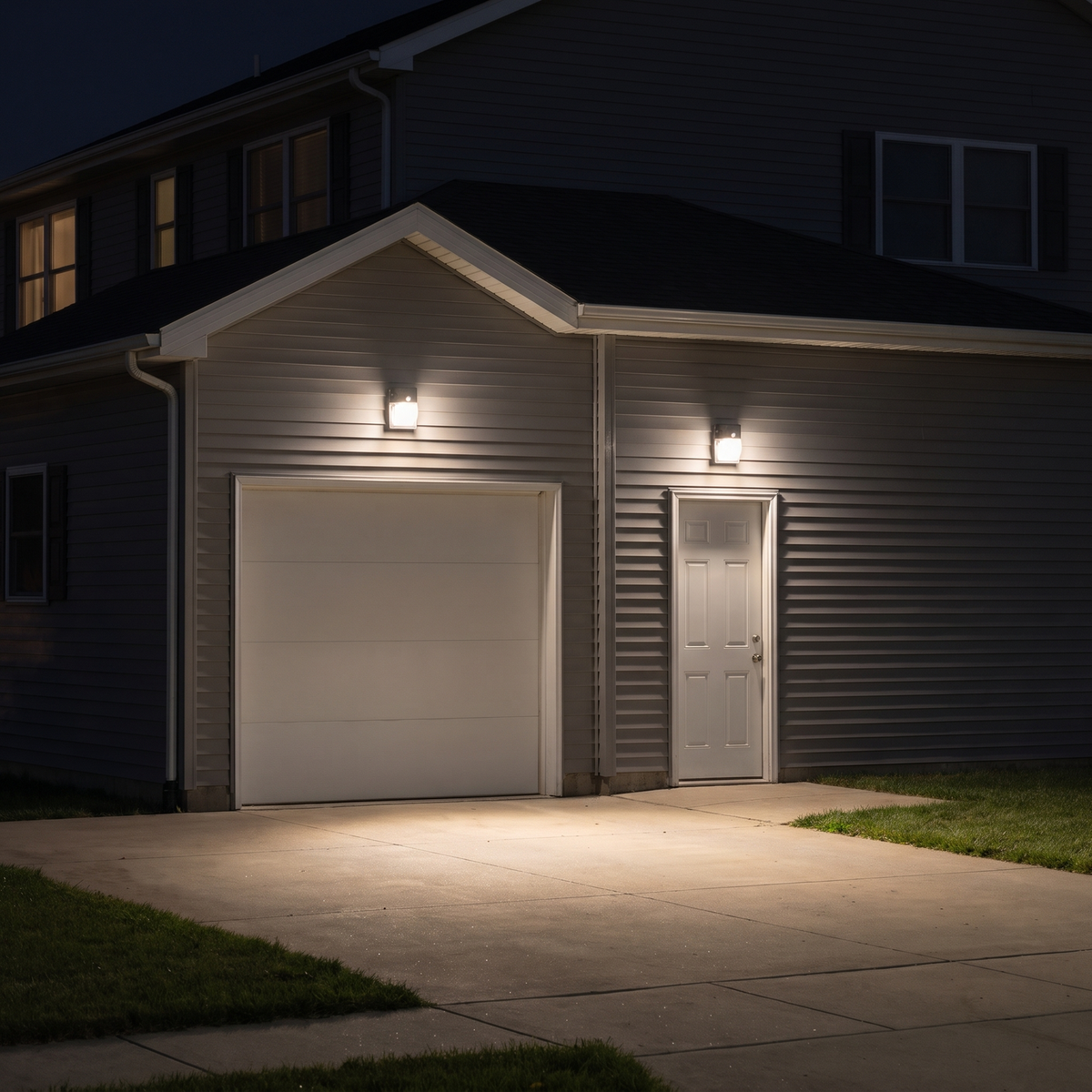 Bronze LED security wall packs with battery backup lighting a house's garage door, side door and driveway at night