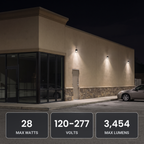 Bronze LED security wall packs with battery backup on a retail store's side wall: 28 max watts, 120-277V, 3,454 max lumens