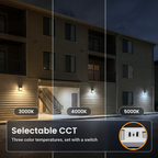 Bronze LED security wall packs with battery backup at an apartment building, in three color temperatures: 3000K, 4000K, 5000K