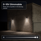 0-10V dimmable bronze LED security wall packs with battery backup on a concrete-block building at night