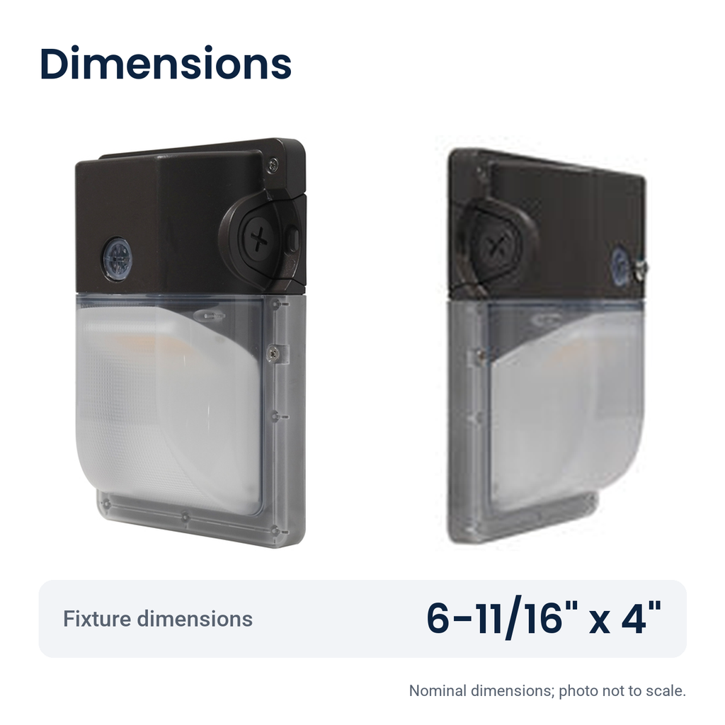 Bronze LED security wall pack with battery backup, front and side views: 6-11/16 in. x 4 in.