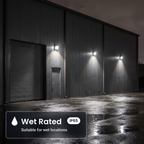 Wet rated, IP65 bronze LED security wall packs with battery backup on a warehouse wall in the rain