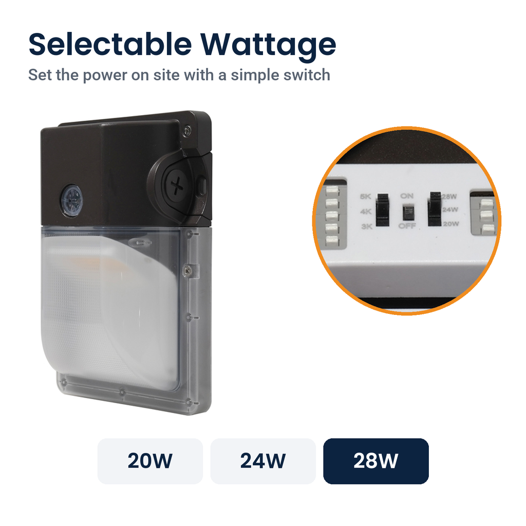 Bronze LED security wall pack with battery backup and its wattage switch: 20W, 24W or 28W