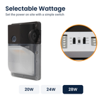 Bronze LED security wall pack with battery backup and its wattage switch: 20W, 24W or 28W