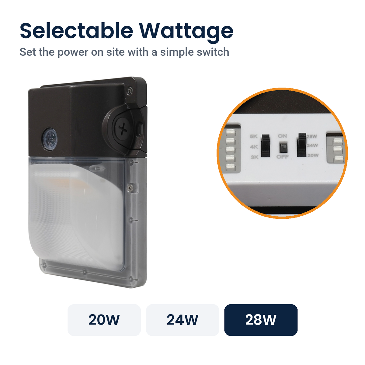 Bronze LED security wall pack with battery backup and its wattage switch: 20W, 24W or 28W