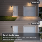 Dusk-to-dawn photocell: bronze LED security wall packs with battery backup on at dusk and off at dawn on a house