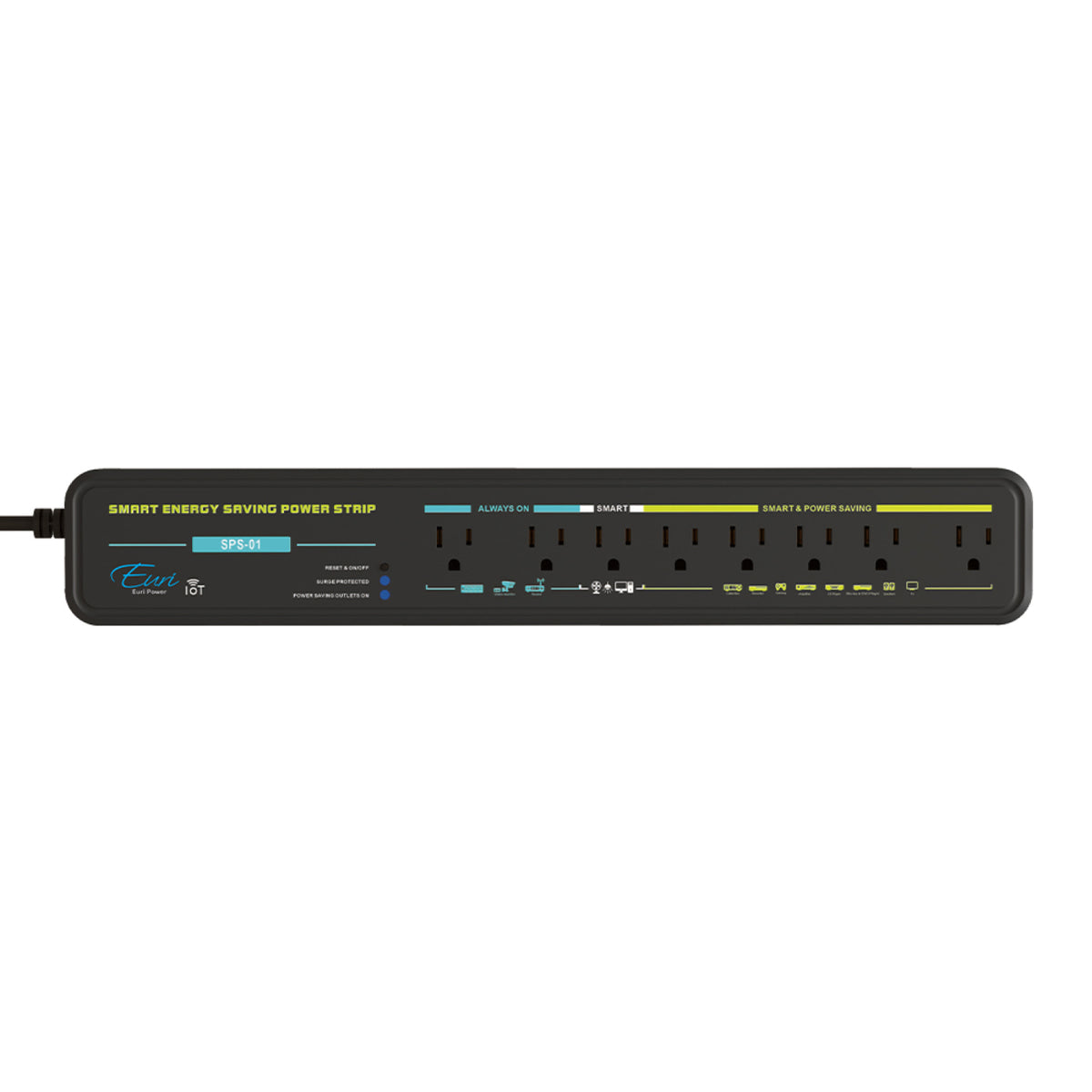 Euri SPS-01 black eight-outlet smart energy-saving power strip, front view