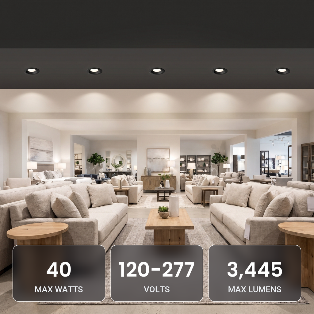 10 inch black commercial LED downlights in a home furnishings store: 40W, 120-277V, 3,445 max lumens