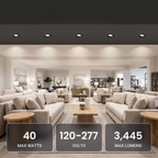 10 inch black commercial LED downlights in a home furnishings store: 40W, 120-277V, 3,445 max lumens