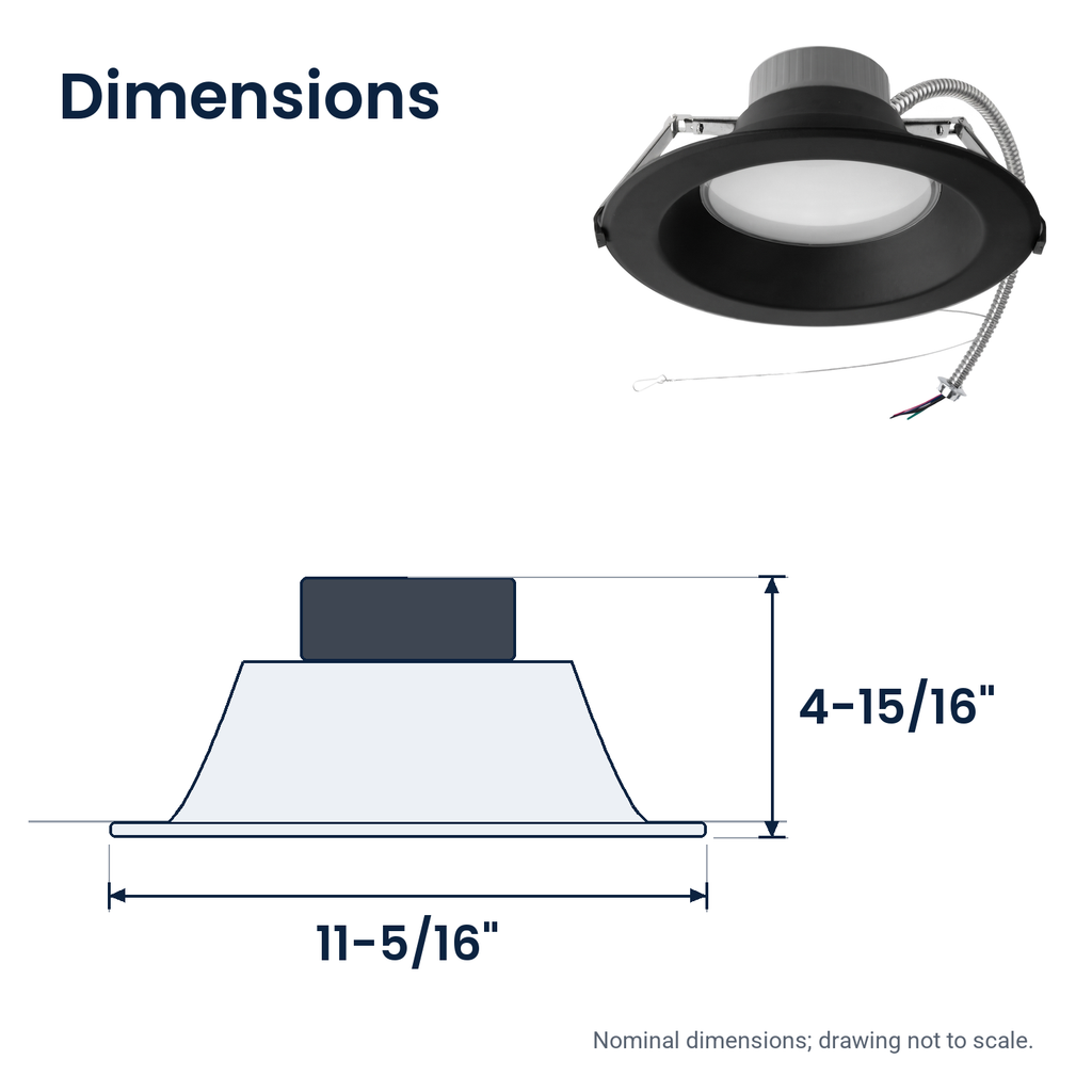 Dimensions of the 10 inch black commercial LED downlight: 11-5/16" x 4-15/16"