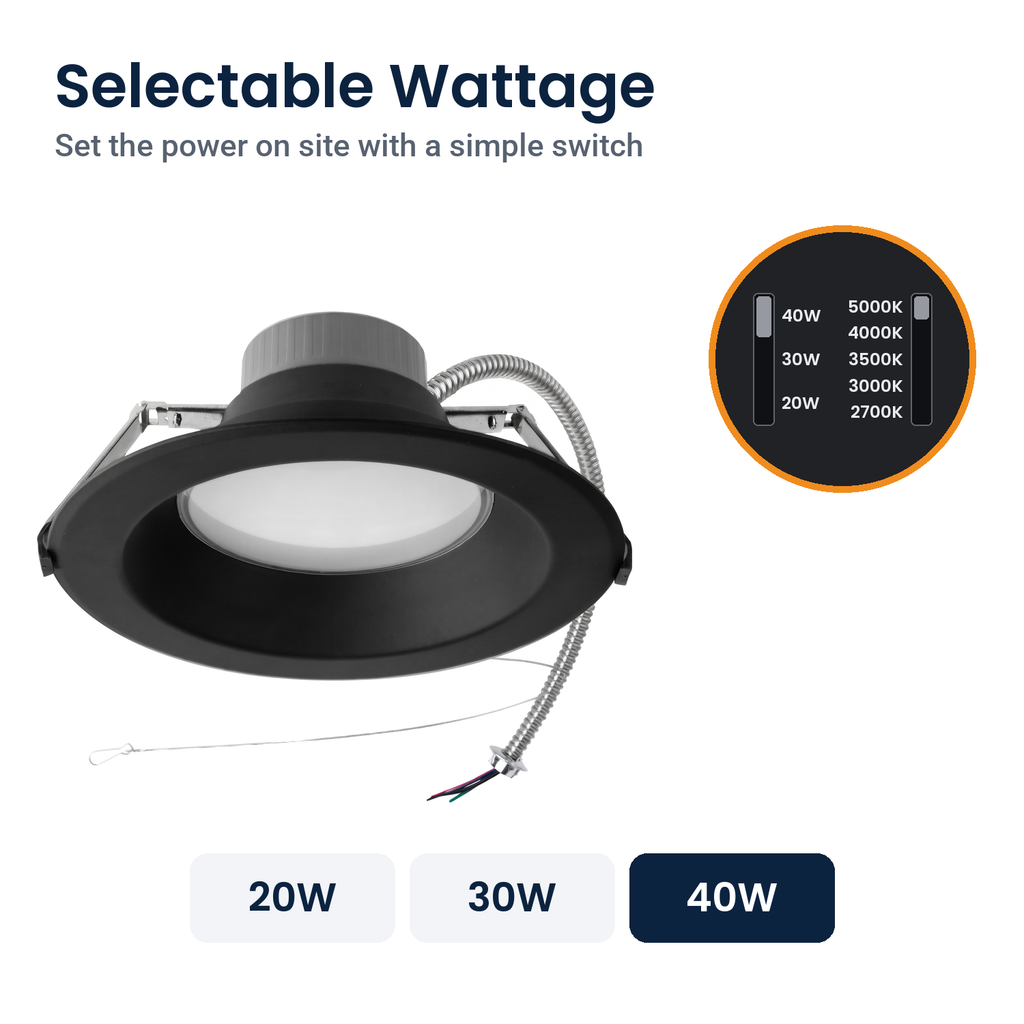 Wattage switch on the 10 inch black commercial LED downlight: 20W, 30W, 40W