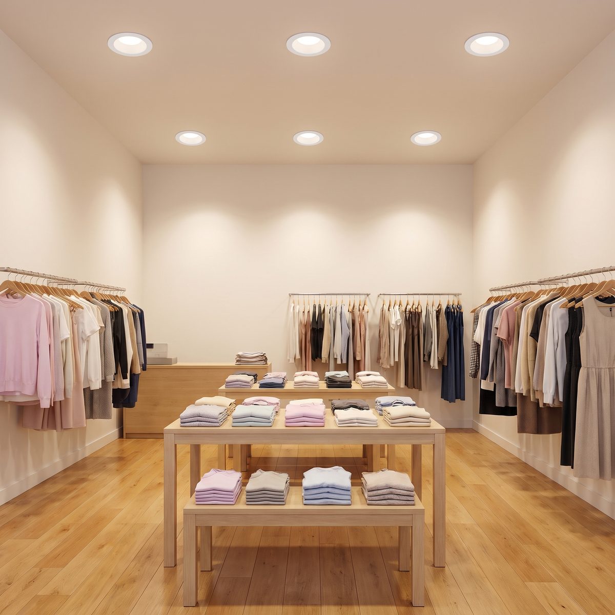 10 inch white commercial LED downlights in a clothing boutique