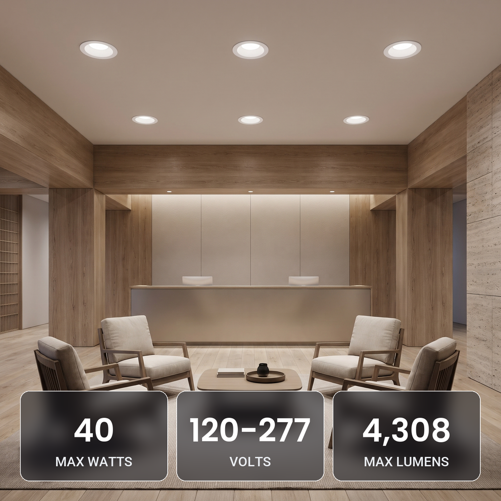 10 inch white commercial LED downlights in a hotel lobby lounge: 40W, 120-277V, 4,308 max lumens