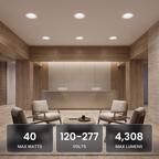 10 inch white commercial LED downlights in a hotel lobby lounge: 40W, 120-277V, 4,308 max lumens