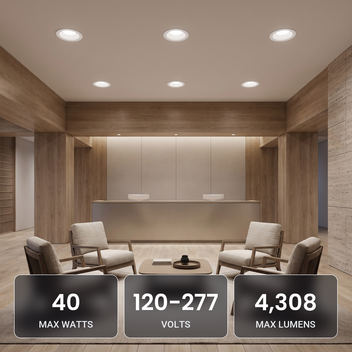 10 inch white commercial LED downlights in a hotel lobby lounge: 40W, 120-277V, 4,308 max lumens