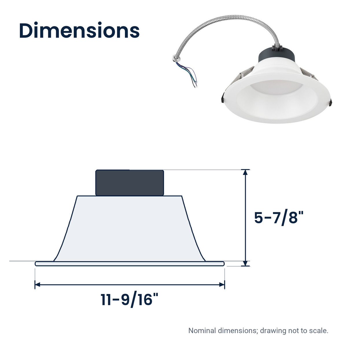 Dimensions of the 10 inch white commercial LED downlight: 11-9/16" x 5-7/8"