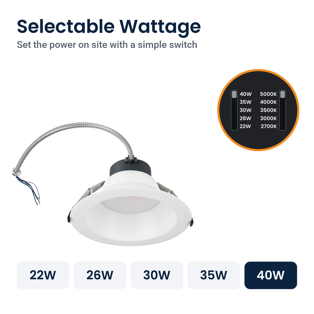 Wattage switch on the 10 inch white commercial LED downlight: 22W, 26W, 30W, 35W, 40W