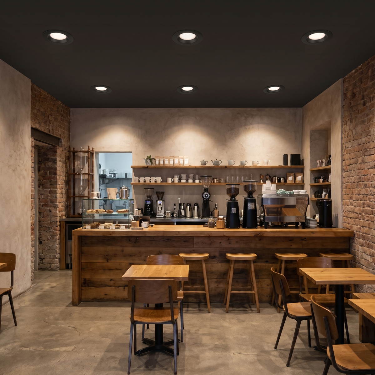 6 inch black commercial LED downlights in a coffee shop
