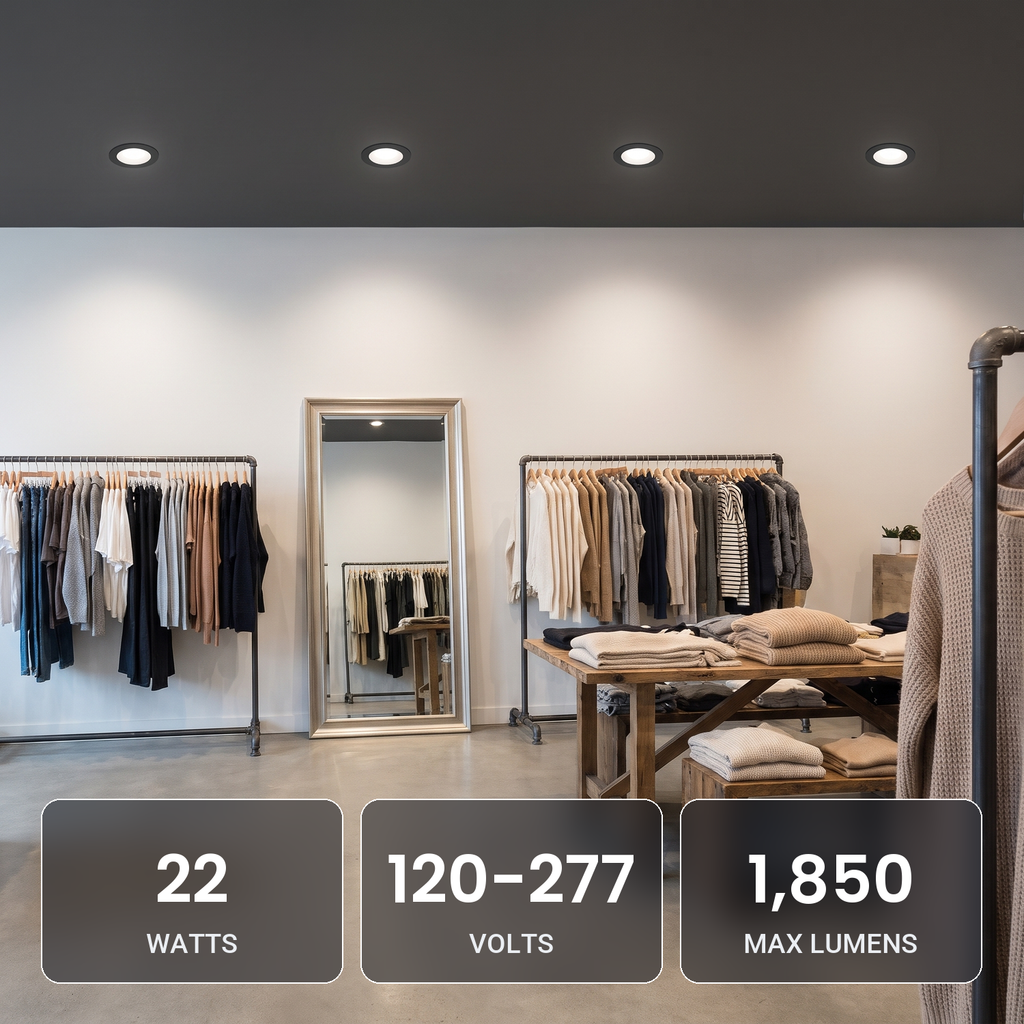 6 inch black commercial LED downlights in a fashion boutique: 22W, 120-277V, 1,850 max lumens