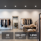 6 inch black commercial LED downlights in a fashion boutique: 22W, 120-277V, 1,850 max lumens