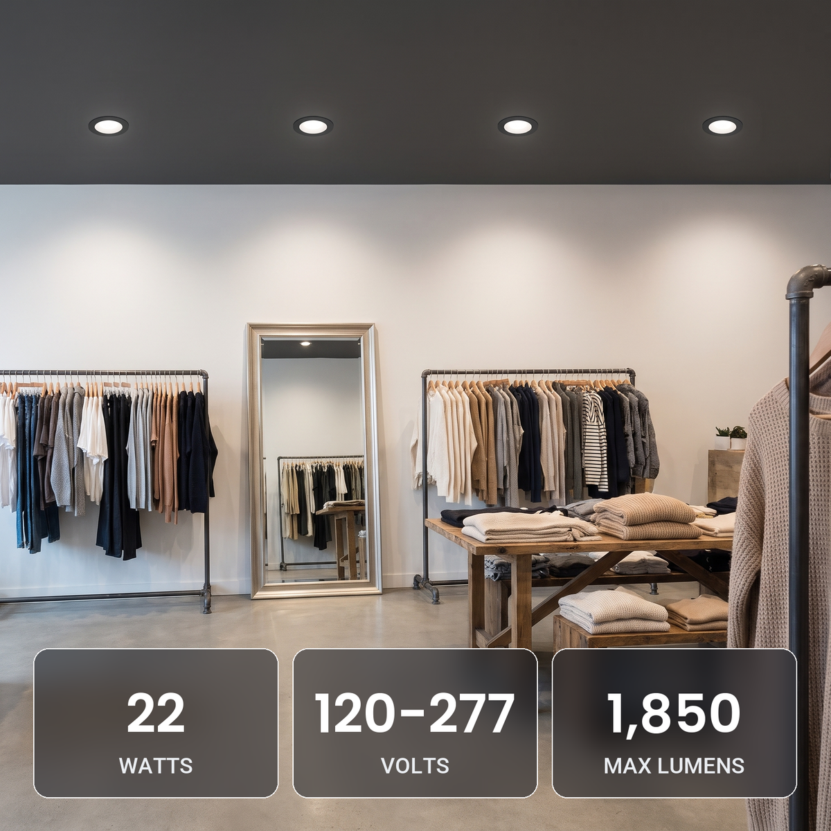 6 inch black commercial LED downlights in a fashion boutique: 22W, 120-277V, 1,850 max lumens