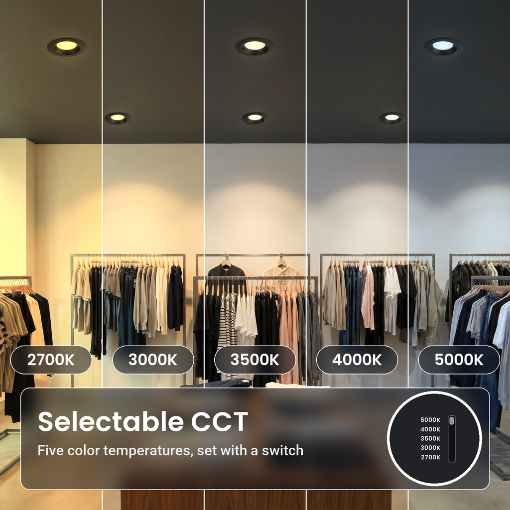 6 inch black commercial LED downlights in a clothing store, in five color temperatures from 2700K to 5000K