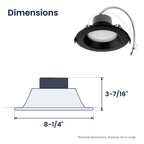 Dimensions of the 6 inch black commercial LED downlight: 8-1/4" x 3-7/16"