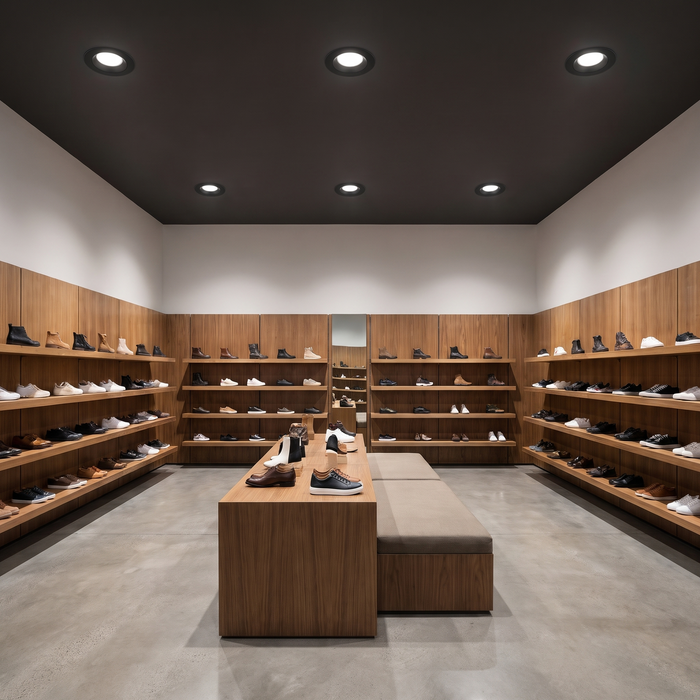 8 inch black commercial LED downlights in a shoe store