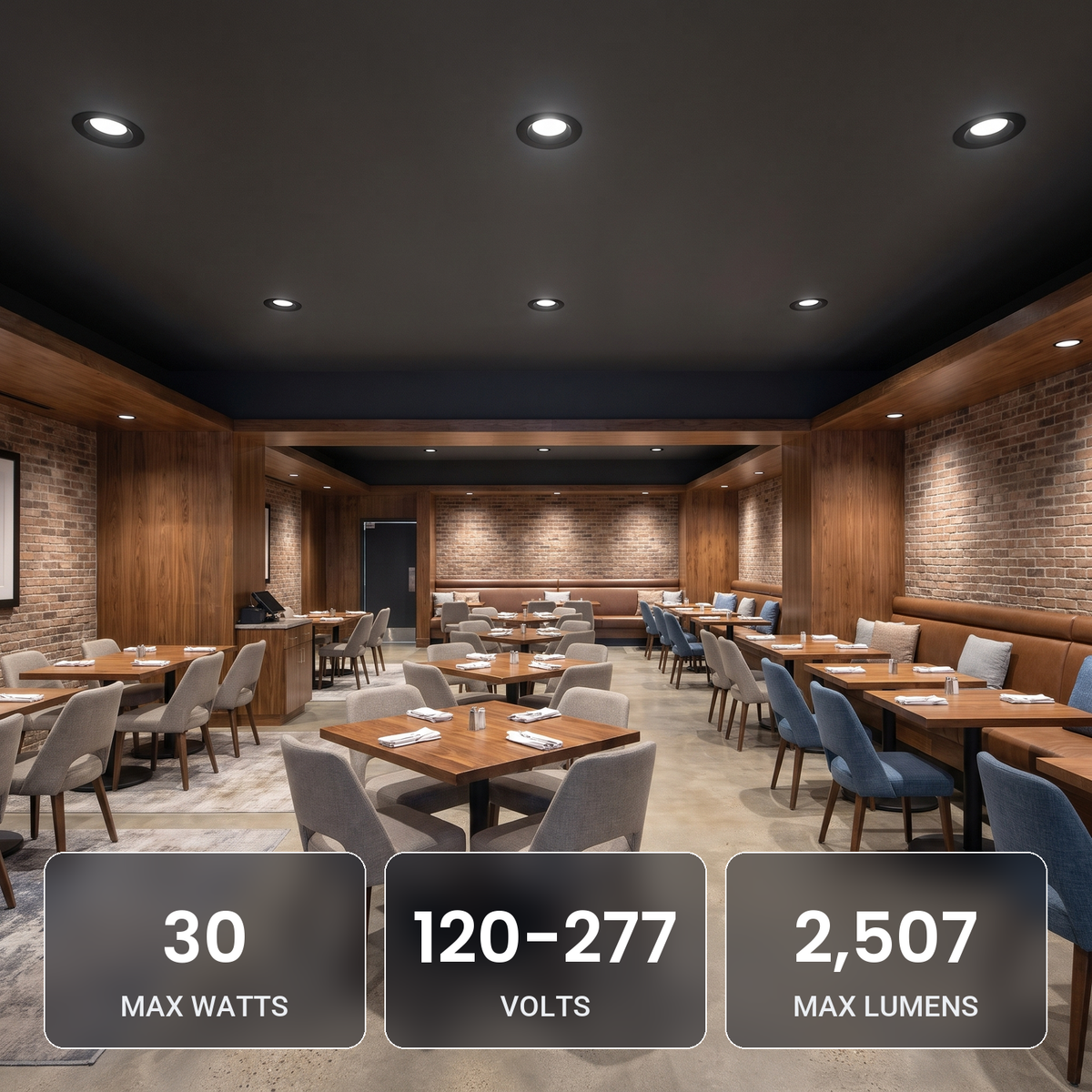 8 inch black commercial LED downlights in a restaurant dining room: 30W, 120-277V, 2,507 max lumens