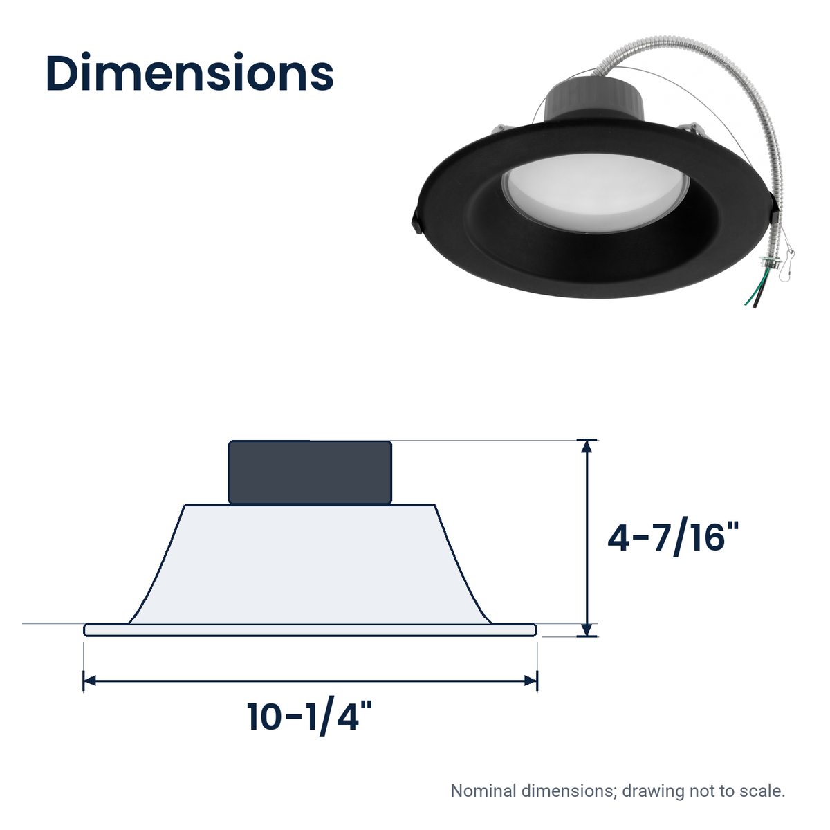 Dimensions of the 8 inch black commercial LED downlight: 10-1/4" x 4-7/16"