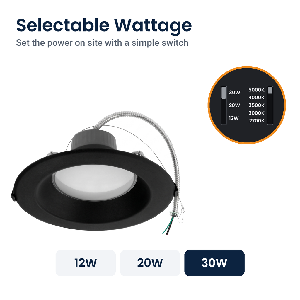 Wattage switch on the 8 inch black commercial LED downlight: 12W, 20W, 30W