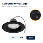 Wattage switch on the 8 inch black commercial LED downlight: 12W, 20W, 30W
