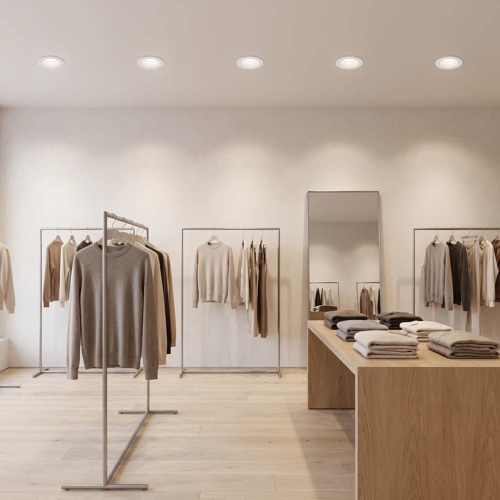 6 inch white commercial LED downlights with battery backup in a clothing boutique