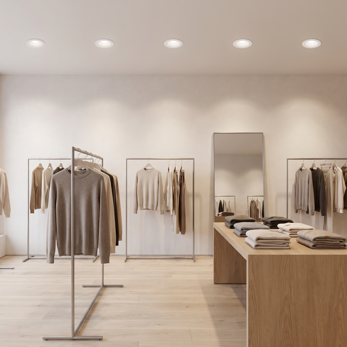 6 inch white commercial LED downlights with battery backup in a clothing boutique