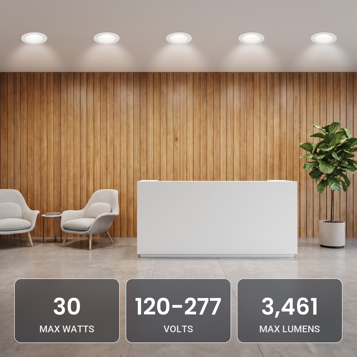 6 inch white commercial LED downlights with battery backup in an office lobby: 30W, 120-277V, 3,461 max lumens