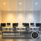 6 inch white commercial LED downlights with battery backup in an open office, in five color temperatures from 2700K to 5000K