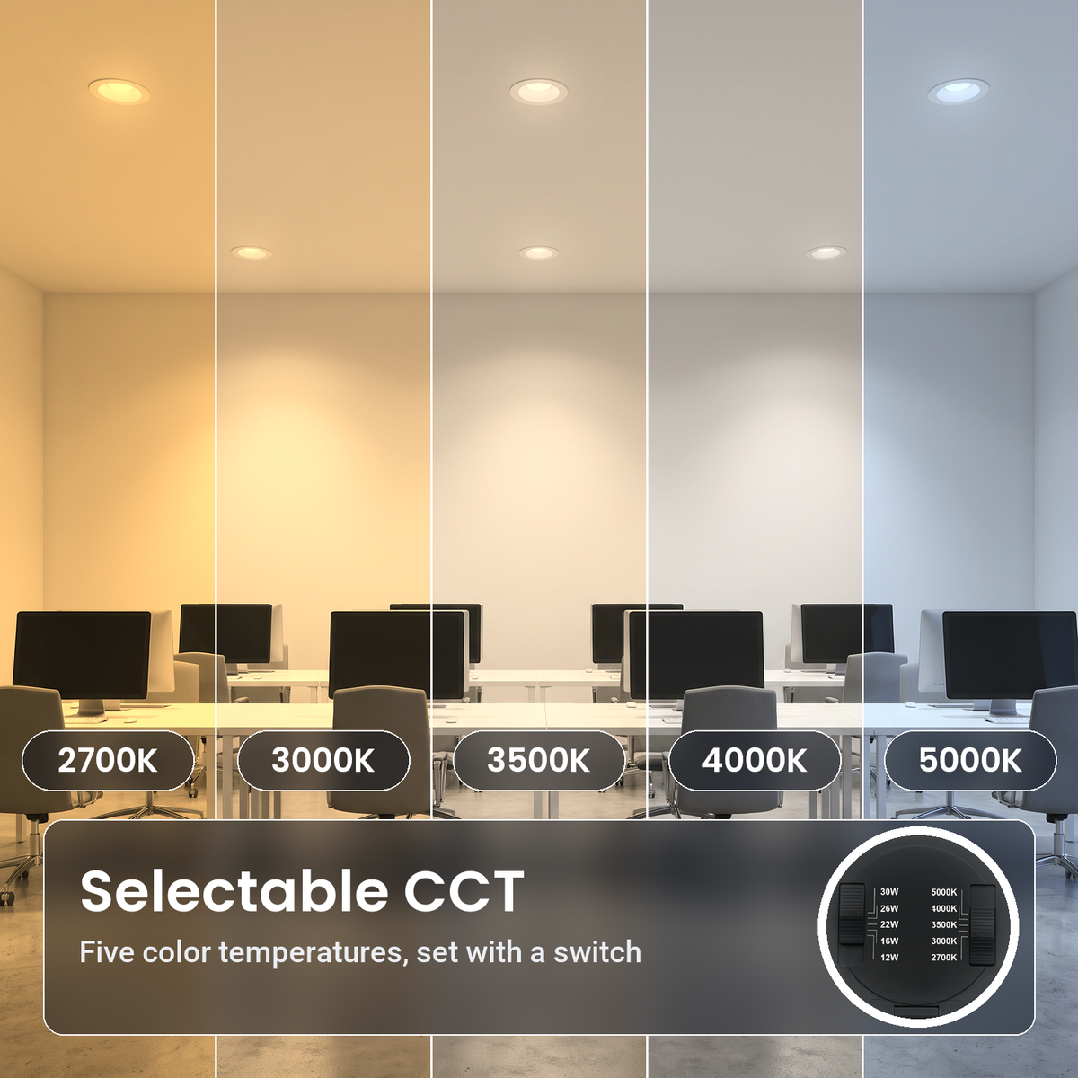6 inch white commercial LED downlights with battery backup in an open office, in five color temperatures from 2700K to 5000K