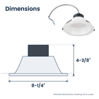 Dimensions of the 6 inch white commercial LED downlight with battery backup: 8-1/4" x 4-3/8"